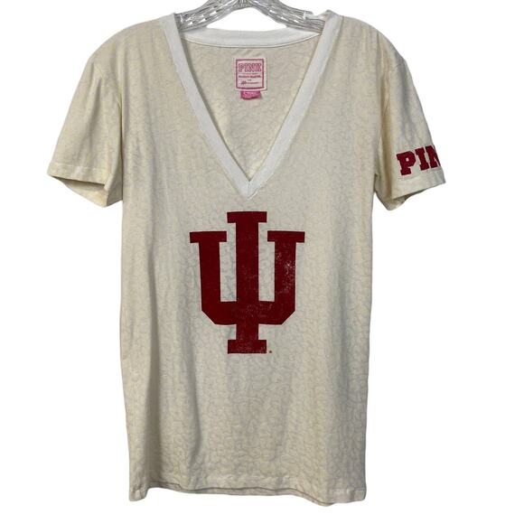 Indiana University XS PINK VICTORIA'S SECRET IU Leopard Print V-Neck T-Shirt - Picture 1 of 7